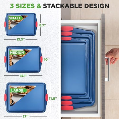NutriChef Nonstick 3-Piece Baking Pans Set – Carbon Steel Bakeware with Blue Coating Inside & Outside and Red Silicone Handles, Durable and Reliable, Effortless Baking and Easy Cleanup (Blue)