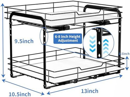 BOIVSHI 2-Tier Pull Out Spice Rack, Spice Rack Organizer, Pull Out Spice Racks for Inside Cabinets, Height Adjustable Heavy Duty Metal Basket for Inside Cabinet & Pantry (13.5''Wx10.5''Dx9.5''H)