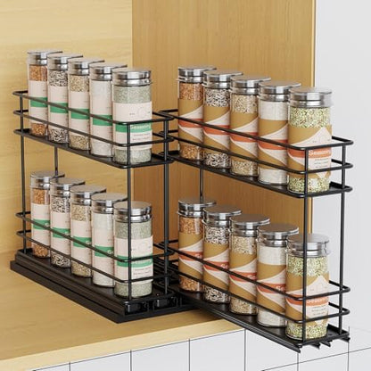 Mystozer Pull Out Spice Rack Organizer for Cabinet, Slide Out Spice Racks, Easy to Install Spice Cabinet Organizers, 5.28" Wx10.43 Dx8.26 H, 2 Drawers 2 Tiers(Black)