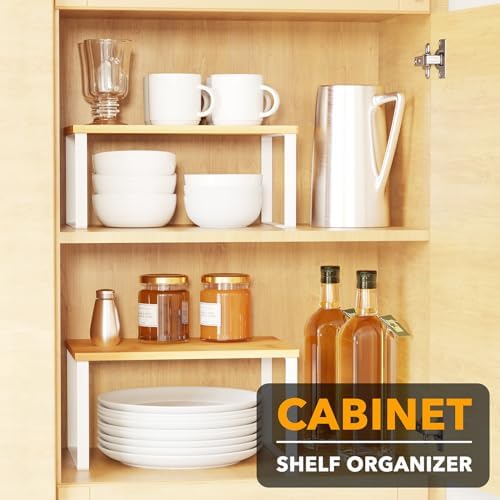 SpaceAid Cabinet Shelf Organizers 2 Pack, Kitchen Counter Rack Shelves Riser, Stackable Expandable Spice Rack, Pantry Cupboard Storage Organization (White and Natural, Short)