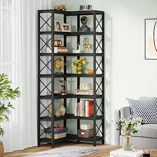 Tribesigns 7-Shelf Corner Bookshelf,Large Modern Corner Bookcase, 7-Tier Tall Corner Shelf Storage Display Rack with Metal Frame for Living Room Home Office (Black)
