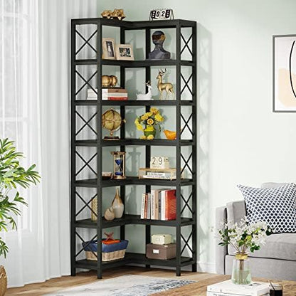 Tribesigns 7-Shelf Corner Bookshelf,Large Modern Corner Bookcase, 7-Tier Tall Corner Shelf Storage Display Rack with Metal Frame for Living Room Home Office (Black)