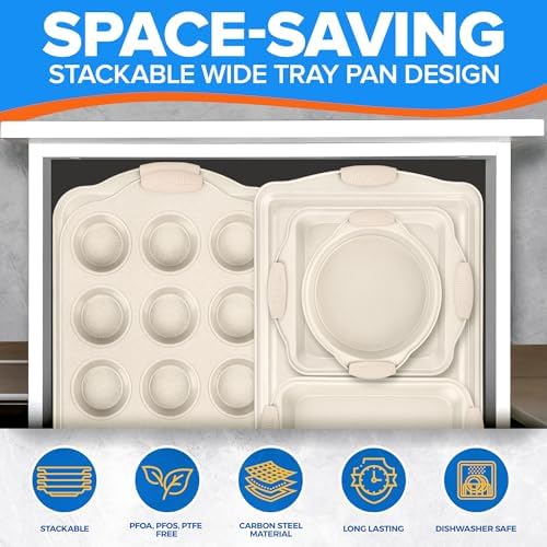 Emporio Kitchen Baking Pan Set - Nonstick Coating, Carbon Steel Bakeware Set with White Silicone Handle, PFOA, PFOS, PTFE Free, Recipe Booklet Included, Oven Safe Tray (Up To 450° F), Set of 8 - White