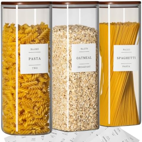 3Pack Square Glass Pasta Storage Containers Walnut Wood Lid 70oz+132 Labels