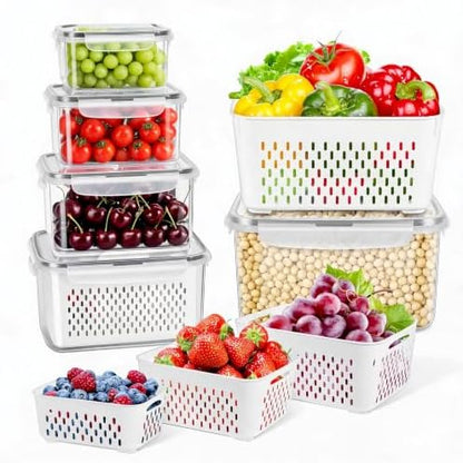 10 Pieces Fruit Storage Container for Fridge,with Removable Colander
