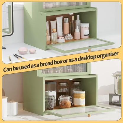 Double Layer Bamboo Bread Box for Kitchen Counter, Countertop Bread Storage Container, Bread Container Bread Storage with Window Bread Holder (Green)