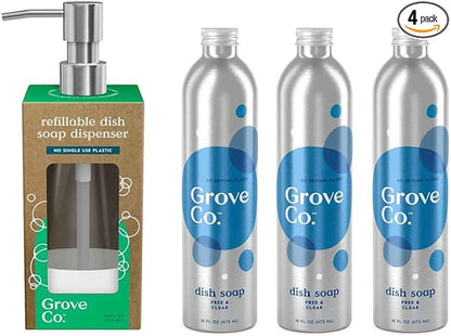 Grove Co. Dish Soap, 3 x 16 fl oz Refills + Refillable Glass Dispenser | Free & Clear; Plastic-Free; Reusable dispenser; Refill format; Removes Stuck on Food; 98% plant-based ingredients