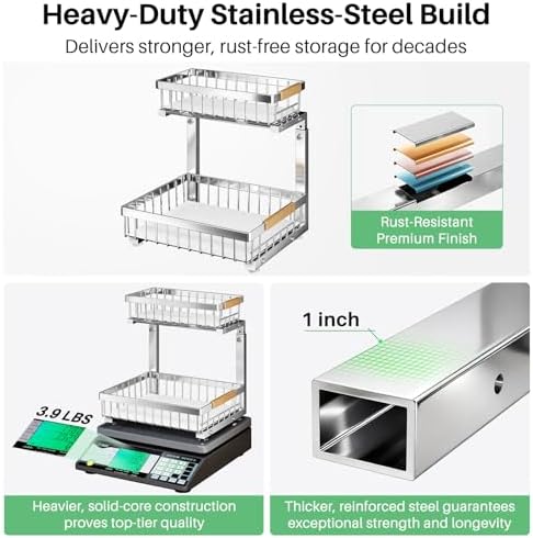 Kitstorack Under Sink Organizer, 2 Tier Under the Sink Storage, Slide out Pull out Cabinet Organizer Shelf, Metal Sliding Drawer for Kitchen Bathroom Pantry Closet Organization Rack, Silver, 1 Pack