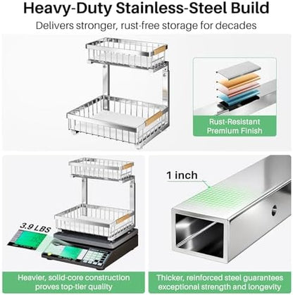 Kitstorack Under Sink Organizer, 2 Tier Under the Sink Storage, Slide out Pull out Cabinet Organizer Shelf, Metal Sliding Drawer for Kitchen Bathroom Pantry Closet Organization Rack, Silver, 1 Pack