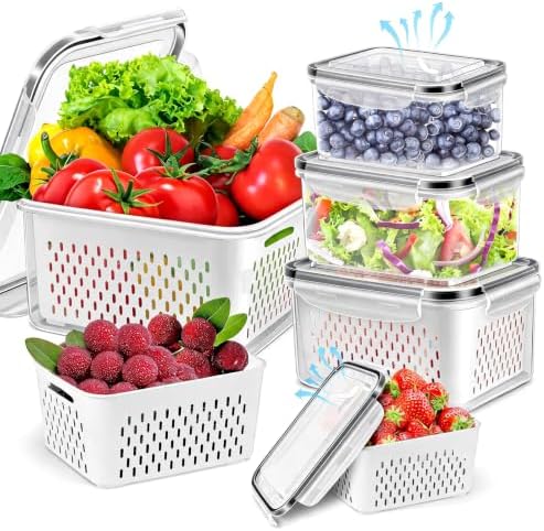 4Pack Fruit Storage Container for Fridge with Removable Colander and Vent