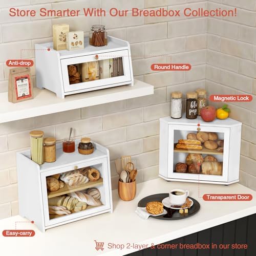 Goozii White Bread Box for Kitchen Countertop, Modern Counter Breadbox for Homemade Bread, Large Corner Bread Storage Container for Sourdough Loaf Organizers and Storage (White Bamboo Wood)
