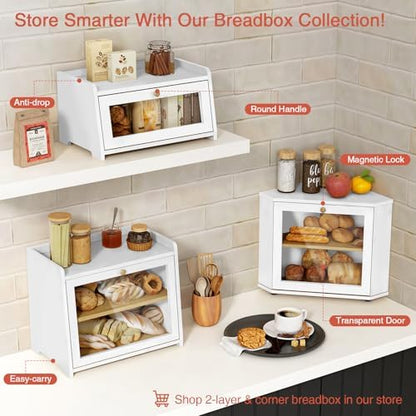 Goozii White Bread Box for Kitchen Countertop, Modern Counter Breadbox for Homemade Bread, Large Corner Bread Storage Container for Sourdough Loaf Organizers and Storage (White Bamboo Wood)