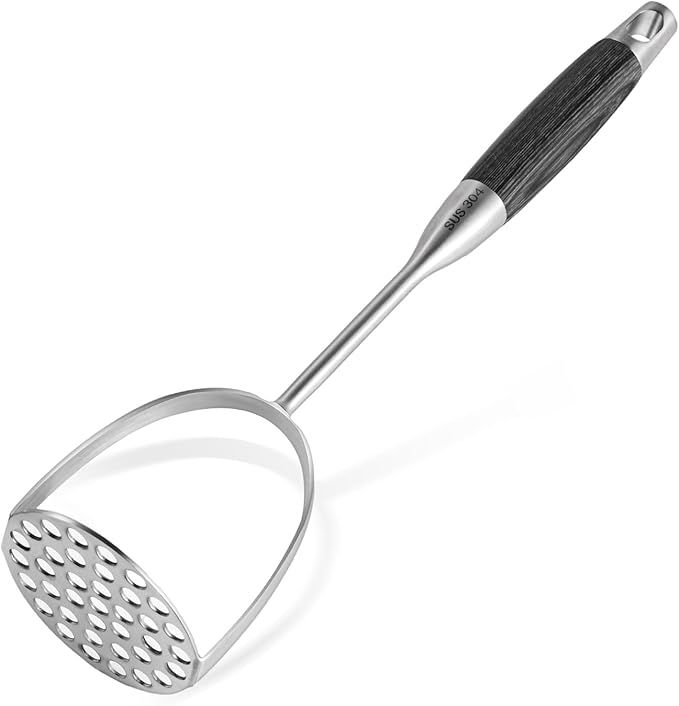 Potato Masher Stainless Steel,Wooden handle Potatoes Smasher, Manual Mashed Potato Masher Kitchen Tool for Avocado,Potatoes, Vegetables, 13.5Inch Long handle Large Heavy Duty Metal Mashing Utensil