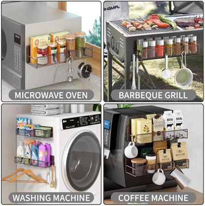 Magnetic Spice Rack for Refrigerator, 2 Pack 100% Metal Strong Magnet Shelf, Space Saving Spice Organizer W/ Hooks, Movable Magnetic Fridge Shelf, Kitchen Home Laundry Room Storage Organization, Brown