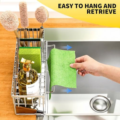 Cisily Kitchen Sink Caddy Organzier with High Brush Holder, Sponge Holder for Sink, 304 Rustproof Stainless, Kitchen Countertop Soap Dispenser Organizer (Silver With Towel Rack, 9.25″)