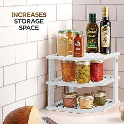 Bambüsi White 3-Tier Corner Shelf, Kitchen Cabinet Organizer, Bamboo Rack