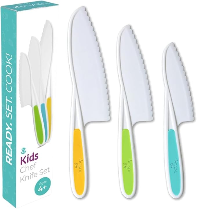 Tovla Jr. Kid Safe Knife Set for Real Cooking | 3-Piece Toddler Kitchen Knives | Montessori & STEM Cooking Tools Ages 4–12 | BPA-Free, Dishwasher-Safe | Christmas, Birthday & Stocking Stuffer Gift