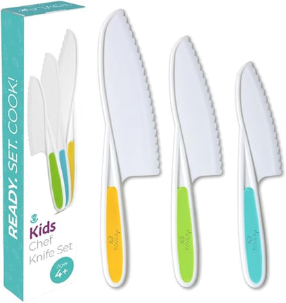 Tovla Jr. Kid Safe Knife Set for Real Cooking | 3-Piece Toddler Kitchen Knives | Montessori & STEM Cooking Tools Ages 4–12 | BPA-Free, Dishwasher-Safe | Christmas, Birthday & Stocking Stuffer Gift