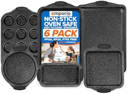 Emporio Kitchen Baking Pan Set - Nonstick Coating, Carbon Steel Bakeware Sets with Gray Silicone Handles, PFOA, PFOS, PTFE Free, Recipe Booklet Included, Oven Safe Tray (Up To 450° F), Set of 6 - Gray