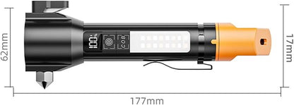 Tactical Flashlight Rechargeable, Zoomable LED Flashlight with COB Side Light, Red/Blue Strobe, Type-C Fast Charging, Glass Breaker and Seatbelt Cutter for Car Emergency