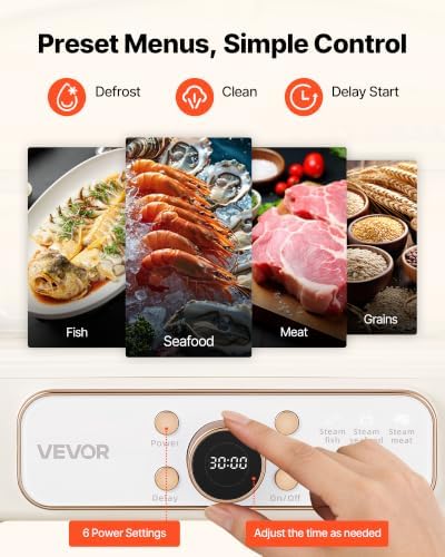 VEVOR Electric Food Steamer 6.3 QT Glass with 2-Tier Stainless Steel Trays, 1200W Vegetable Steamer for Cooking, 1-3 Servings, Pre-Programmed Settings, Delay Start, for Veggies, Seafood & Rice, White