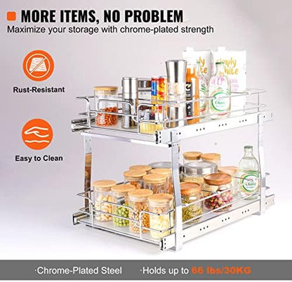 VEVOR Pull Out Cabinet Organizer, 14" Wx21.2 Dx15.2 H Heavy 2 Tier Duty Slide Out Pantry Shelves, Chrome-Plated Steel Roll Out Drawer for Under Sink, 15.5" Wx22.5 Dx19 H Install Size for Cabinet