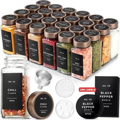 EDELHAUS Glass Spice Jars with Label, 24x Champagne Bronze Steel Lids