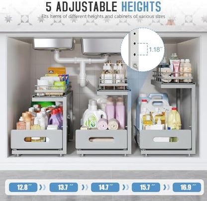 Under Sink Organizer Upgrade To Professional Rails,2-Tier Dual Pull Out Cabinet Storage,Height Adjustable Slide Out Drawers For Bathroom Kitchen,2 Pack-16.7"Dx12.8"-16.9"H,Gun Gray