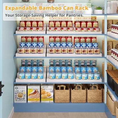 3-Tier Expandable Bamboo Can Organizer for Pantry, Holds 24 Cans, White