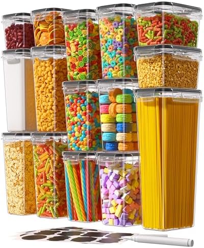 Airtight Food Storage Containers with Lids, 15 PCS Kitchen and Pantry Organization Canisters, BPA-Free, PVC-Free, Food-grade Plastic Leak-proof Jars for Cereal, Flour, Sugar, Extra 24 Labels & Marker