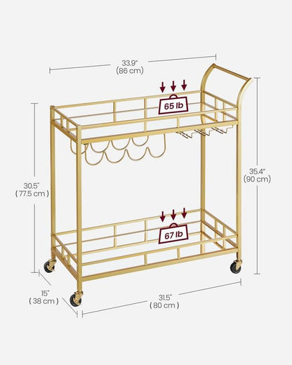 VASAGLE Bar Cart with 2 Mirrored Shelves, Wine Holders, Glass Holders