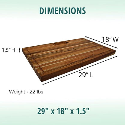 EcoDecors, Teak Edge Grain Cutting Board 29"x18", Solid FSC Teakwood Butcher Block with Juice Groove, Handles & Waste Chute, Large Cutting Board for Kitchen, Carving, and Stove-Top Prep