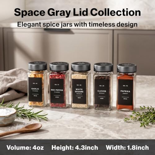 EDELHAUS Glass Spice Jars with Label, 24x Space Gray Stainless Steel Lids
