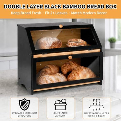 HOMEKOKO Double Layer Wooden Bread Box, Keep Bread Fresh Longer, Black