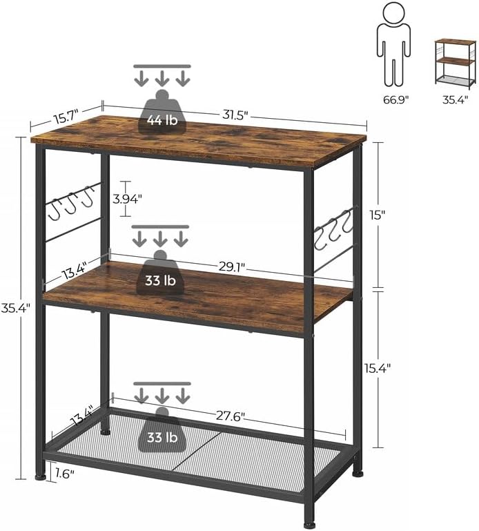 VASAGLE Kitchen Island, 3-Tier, 6 Hooks, Metal Frame