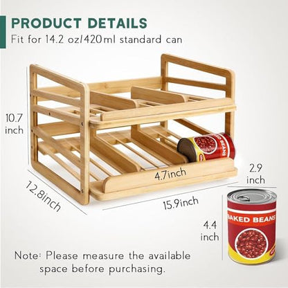 Yumkfoi Rolling Bamboo Can Organizer Rack, Stackable Can Storage