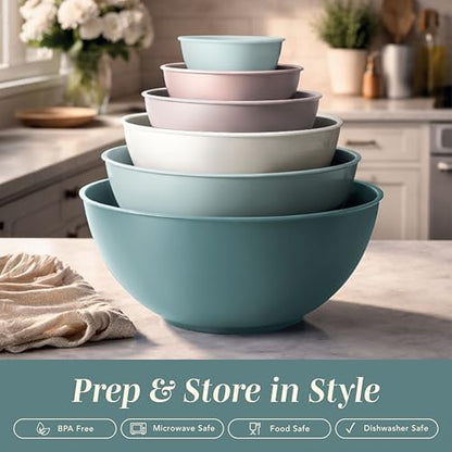 COOK WITH COLOR Mixing Bowls with TPR Lids - 12 Piece Plastic Nesting Bowls Set includes 6 Prep Bowls and 6 Lids, Microwave Safe (Teal)