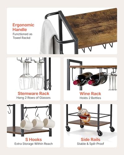 VEVOR Bar Cart with Wheels, Small Narrow 3-Tier Rolling Serving Cart, 20.08-Inch Beverage Station with Wine Rack, Glass Holder and S Hooks for Small Spaces, Rustic Brown and Black
