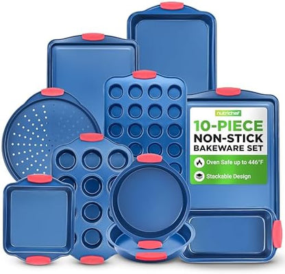 NutriChef 10-Piece Nonstick Bakeware Set - Deluxe Carbon Steel with Blue Silicone Coating, Red Handles, Professional Grade Kitchen Essentials, Ideal for Baking Cakes, Cookies, and More (Blue)