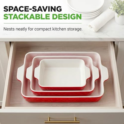 NutriChef 3-Piece Ceramic Casserole Dish for Oven - Premium Lasagna Baking Pans w/ Nonstick Coating & Built-In Handles - Dishwasher & Microwave Safe - 14" x 8", 10" x 6", 7" x 5" - Red