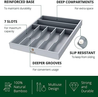 ROYAL CRAFT WOOD Luxury Bamboo Kitchen Drawer Organizer - Silverware Organizer - Utensil Holder and Cutlery Tray with Grooved Drawer Dividers for Flatware and Kitchen Utensils (7 Slot, Gray)