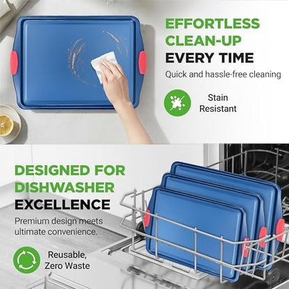NutriChef Nonstick 3-Piece Baking Pans Set – Carbon Steel Bakeware with Blue Coating Inside & Outside and Red Silicone Handles, Durable and Reliable, Effortless Baking and Easy Cleanup (Blue)
