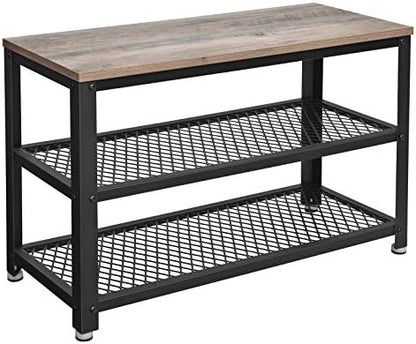 VASAGLE 3-Tier Shoe Rack, Storage Bench with Metal Mesh Shelves and Seat