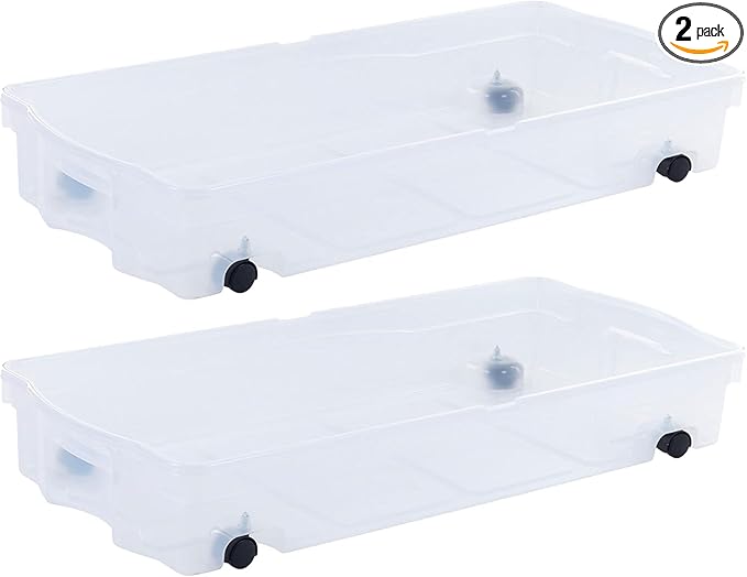 Rubbermaid 70 Quart Under the Bed Low Profile Storage Boxes with Dual Hinged Lids and Easy Rolling Caster Wheels, Clear, 2 Pack