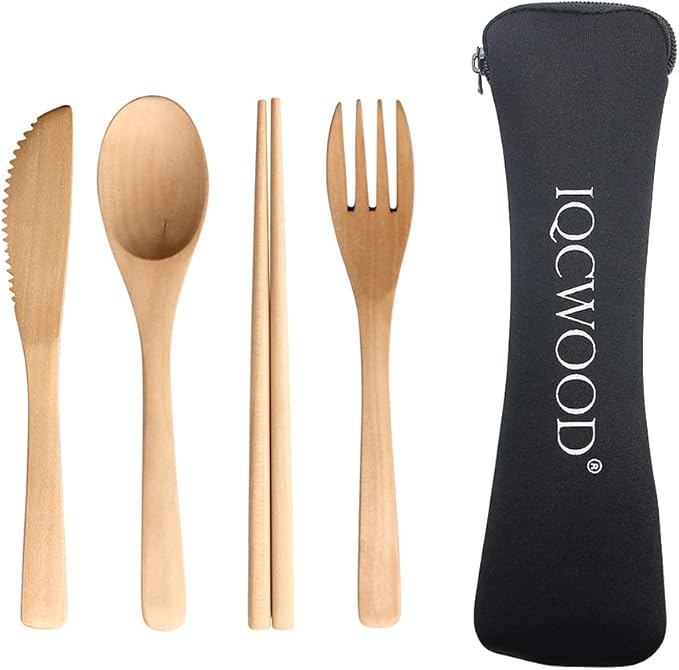 Wooden Cutlery Set Portable, Wooden Flatware, 4 Piece Pack of Wooden Utensils