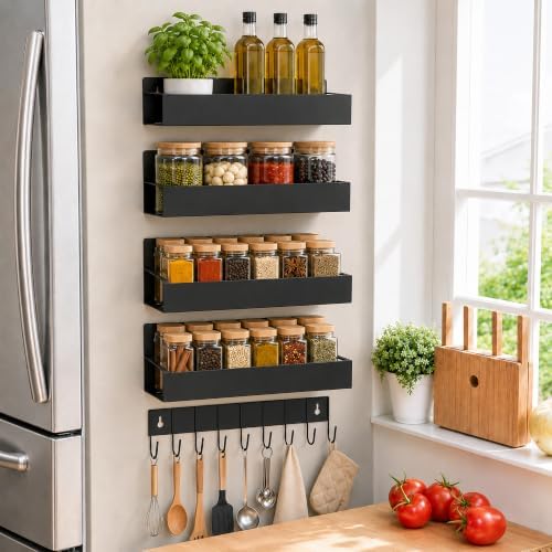 SMRCAD Metal Magnetic Spice Rack 4 Pack with Hook – Heavy-Duty