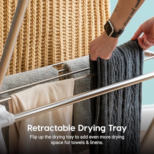 IRIS USA Foldable Drying Rack with Extendable Rods for Large Laundry Loads, Clothes Drying Rack, Freestanding Foldable Laundry Rack, Anti-Skid Feet, Portable and Storable, Silver