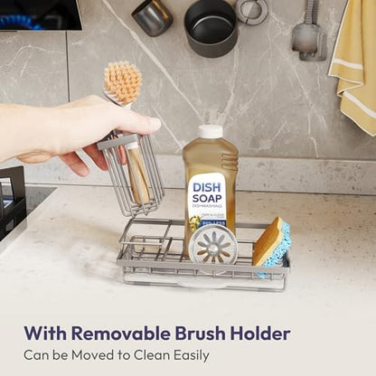 SWTYMIKI Sink Caddy Sponge Holder - Kitchen Sink Organizer with High Brush Holder for Countertop to Hold Dish Soaps and Sponges, Stainless Steel, Sand Nickel