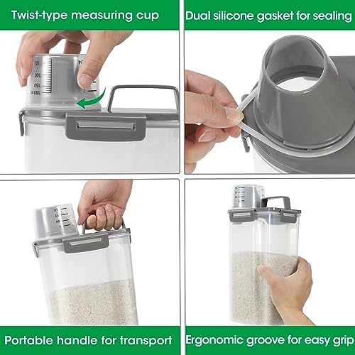 TBMax Rice Container Cereal Storage Container 2 Pack 5 Lbs, Kitchen Pantry Dry Food Storage Holder with Easy-Pouring Spout & Handy Cup, Small Pet Dog Cat Food Dispenser for Daily Feeding -Grey