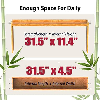 IIIOIIIA Bamboo Over the Stove Spice Shelf for Kitchen, 31.5" Spice Rack Organizer Shelf with 6 hooks, 11.4" Height Extra Storage Countertop, Easy to Assemble